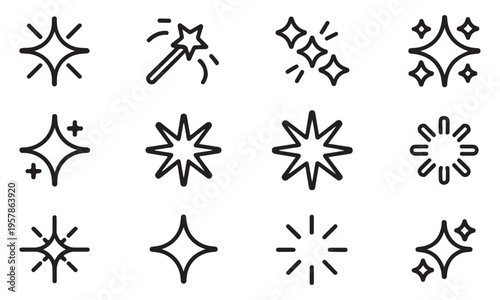 Sparkle outline icon set, shine effect star, light and clean symbols for product glow, vector art