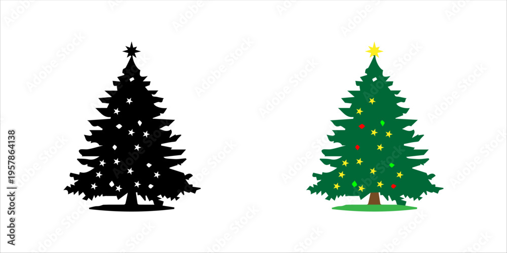 Obraz premium Colorful Christmas tree icon set. with ornaments and star representing holiday celebration, winter season, and festive decoration.