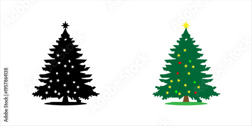 Colorful Christmas tree icon set. with ornaments and star representing holiday celebration, winter season, and festive decoration.