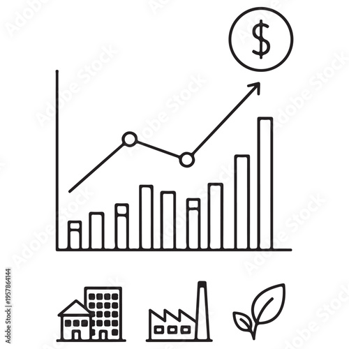 Minimalist line art illustration of a financial bar chart and line graph showing upward growth towards a dollar sign, featuring icons for real estate, factory industry, and green leaves.