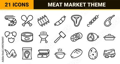 Meat and Protein Industry Minimalist Monoline Icons for Butcher Shops and Culinary Branding featuring Clean Geometric Outline Shapes