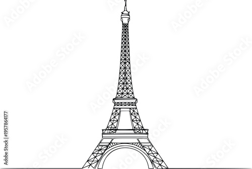 Minimalist Continuous Line Eiffel Tower Centered Composition Hand Drawn Vector Paris France