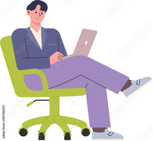 Professional relaxing while working on a laptop in an office chair