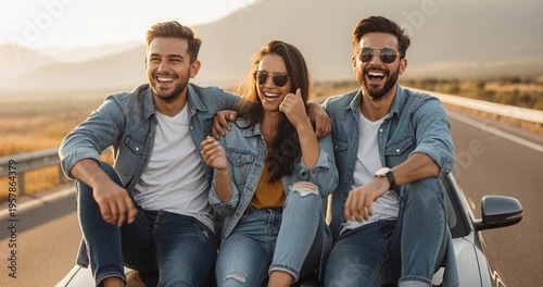 Three smiling friends sitting on a car outdoors under sunlight