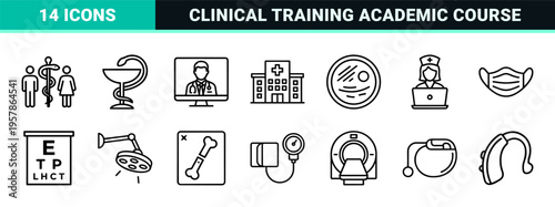 Medical Education and Healthcare Training Minimalist Geometric Line Art Set featuring Academic Research and Clinical Study Outline Symbols