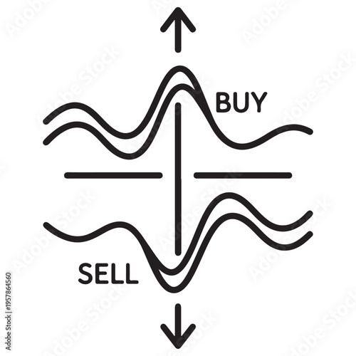 Minimalist Stock Market Trading Indicator Icon Representing Buy and Sell Signals with Volatility Waves and Directional Arrows for Financial Analysis, Crypto Exchange, and Investment Strategy.