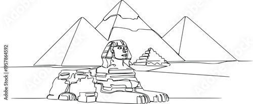 Hand Drawn Continuous Line Sphinx and Pyramids Egypt Minimalist Outline Illustration