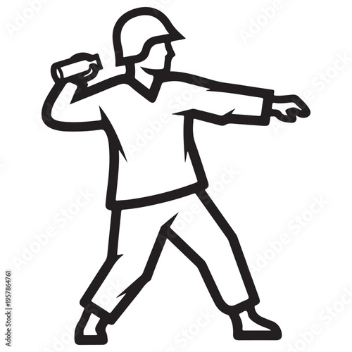 Minimalist black and white line art illustration of a soldier or protester wearing a helmet, aiming and preparing to throw a bottle or Molotov cocktail during a riot or conflict.