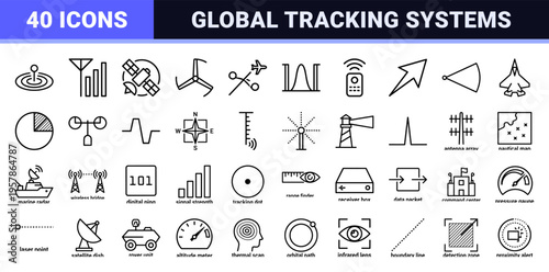 Radar Technology and Signal Navigation Minimalist Monoline Icon Set for Aviation Marine and Communication Systems Engineering