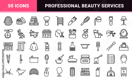 Hair Salon and Barber Shop Linear Icons Featuring Professional Grooming Tools, Styling Equipment, and Beauty Parlor Furniture in Minimalist Style
