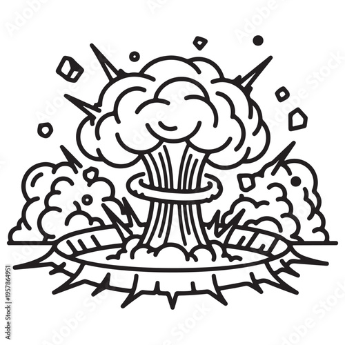 Stylized black and white line art illustration of a powerful nuclear mushroom cloud explosion erupting from a crater with flying debris and smoke in a retro comic book graphic design style.