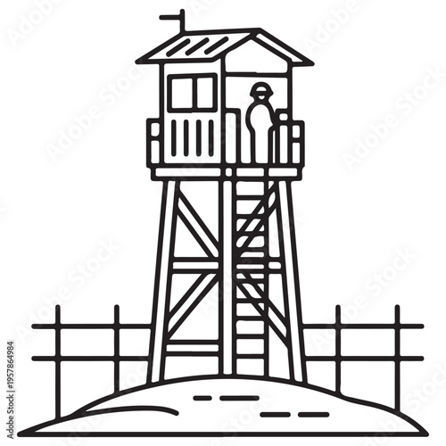 Minimalist black and white line art illustration of a military watchtower with a guard standing on the balcony, overlooking a fenced perimeter for security, surveillance, and border control.
