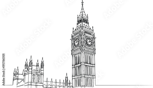 Hand Drawn Continuous Line Big Ben and Palace of Westminster London Minimalist Vector Illustration