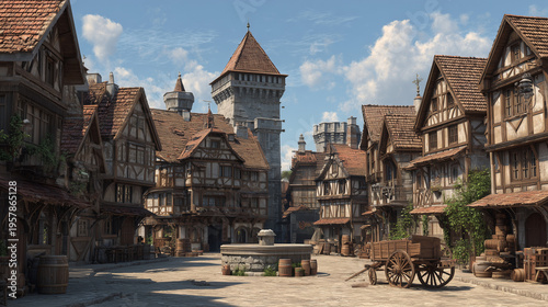 Medieval European town square with dense half timbered houses, cobblestone streets and historic architecture, capturing timeless village charm and cultural heritage.