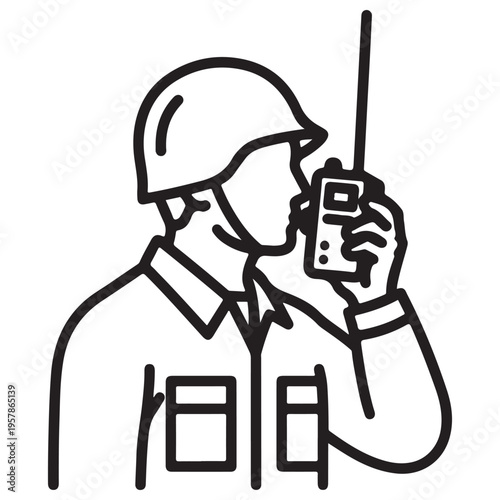 Minimalist line art illustration of a professional security officer or soldier wearing a protective helmet and uniform while communicating through a portable walkie-talkie radio device.