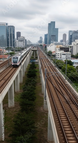 Modern Elevated Train Journey Through A Bustling Cityscape Under A Cloudy Sky