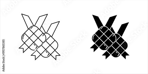 Line icon set. of traditional woven rice cake (ketupat) representing cultural food, festive celebration, and Indonesian traditional cuisine.