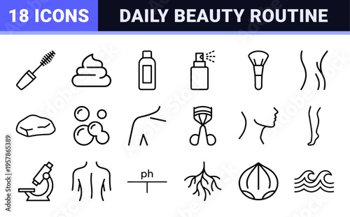 Skincare and Beauty Routine Minimalist Monoline Icon Set featuring Geometric Line Art for Cosmetic Packaging and Wellness Branding