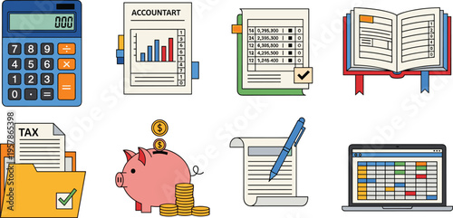 Accounting and Finance Icon Set Featuring Calculator, Tax Documents, Reports, Piggy Bank, Ledger Book, Laptop Spreadsheet, and Financial Management Tools for Business Design