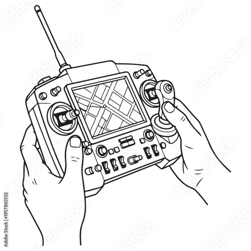 Hands holding a professional drone remote control transmitter with a map display screen, operating joysticks for aerial navigation, minimalist black and white line art illustration style.