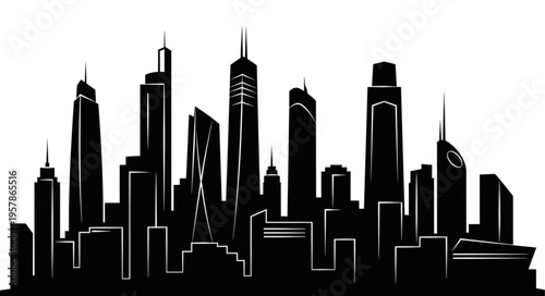 Dramatic Silhouette of a Modern City Skyline Against a White Backdrop.
