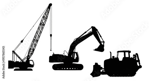 Silhouetted Construction Equipment - Crane, Excavator, and Bulldozer.