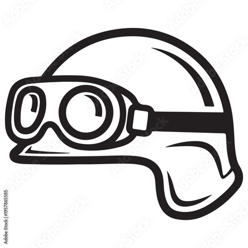 Vintage Motorcycle Helmet with Goggles Vector Illustration, Minimalist Black and White Line Art Isolated on White Background, Retro Biker Gear for Logo Design and Adventure Graphics Style