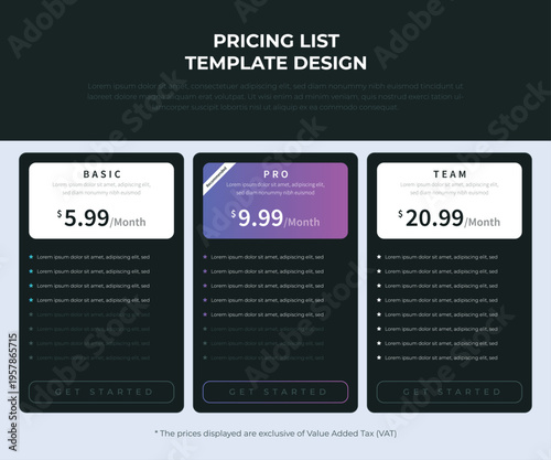 Modern Pricing Table Template for Business Website, Clean Subscription Plan Comparison Layout, UI Pricing Chart Design for Web and App