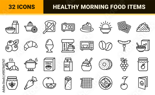 Morning Gastronomy and Cafe Culture Minimalist Monoline Outline Icon Set Featuring Geometric Breakfast Food and Kitchenware Line Art