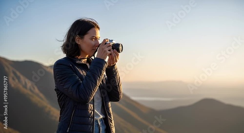 Woman photographer photographing mountain landscape at golden hour