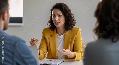 Woman leading meeting in office setting with laptop and colleagues