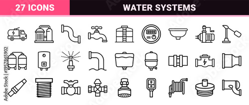 Water Infrastructure and Plumbing Systems Monoline Icon Set featuring Minimalist Geometric Line Art for Industrial Utility Applications.