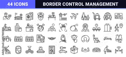 Airport and Immigration Line Art: Minimalist monoline icons for border control, global travel, customs, and aviation logistics.