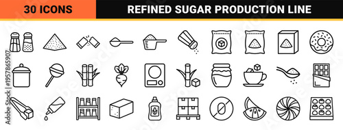 Refined seasoning and sweetener production line art icons featuring sugar cubes, salt shakers, and confectionery manufacturing equipment.