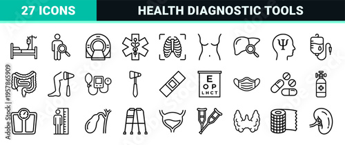 Medical Health Checkup Diagnostics and Clinical Laboratory Screening Minimalist Monoline Geometric Outline Line Art Symbols
