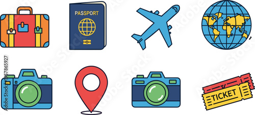 Travel and Tourism Icon Set Featuring Suitcase, Passport, Airplane, Globe, Camera, Location Pin, and Ticket for Vacation Planning and Journey Design
