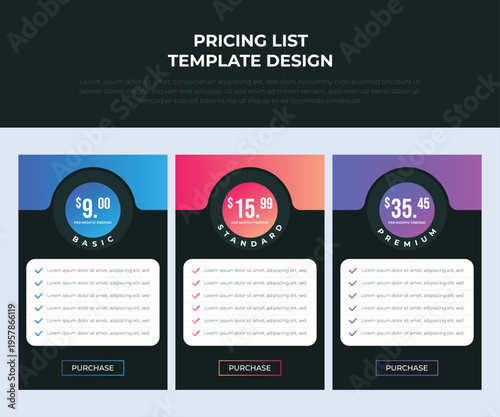 Modern Pricing Table Template for Business Website, Clean Subscription Plan Comparison Layout, UI Pricing Chart Design for Web and App