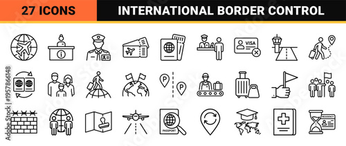 International Immigration and Border Control Line Art: Minimalist Monoline Icon Set for Global Travel, Residency, and Visa Logistics.
