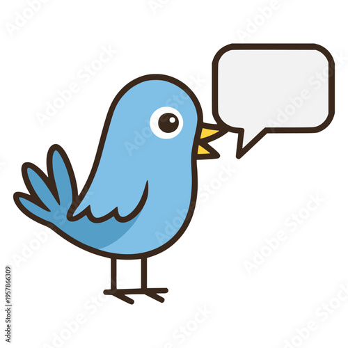 cartoon funny bird talking with bubble speech flat color vector illustration template design
