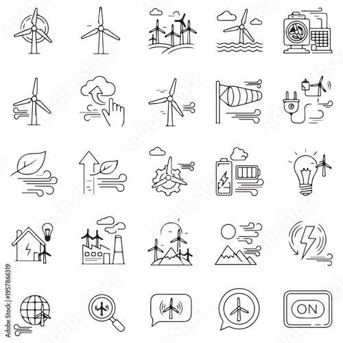 Comprehensive collection of hand-drawn wind energy and renewable power icons featuring wind turbines, sustainable technology symbols, and environmental concepts in a minimalist doodle style.