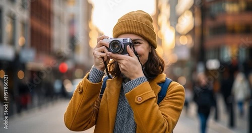 Woman photographs city street scene during daytime
