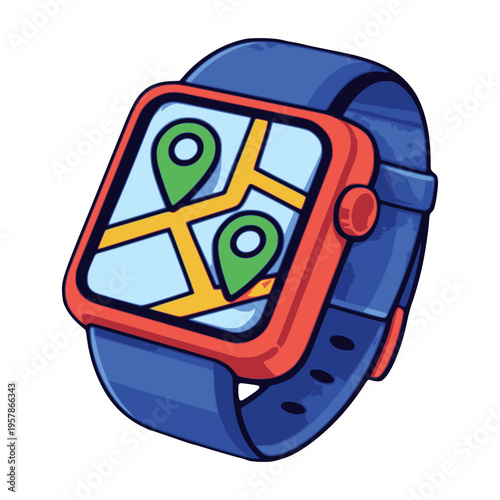 smartwatch mobile navigation map travel flat color vector illustration template design