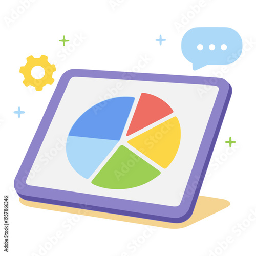 pie chart on tablet gadget data analysis growth flat color vector illustration template design