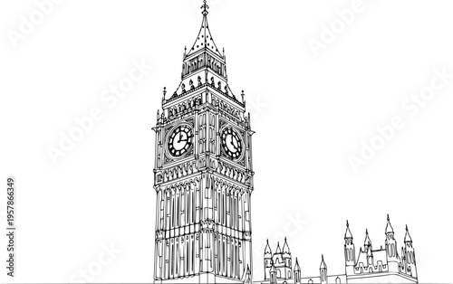 Continuous Line Drawing Big Ben and Westminster London Skyline Minimalist Hand Drawn Vector Illustration
