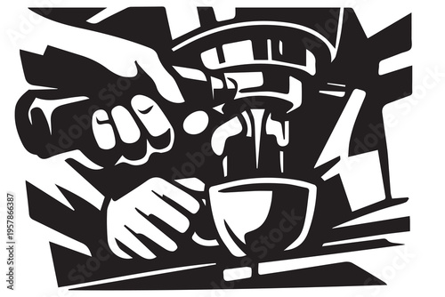 A modern vector of a coffee cup under a coffee machine, representing a barista at work in a cafe, designed with simple shapes and a cozy, professional vibe.