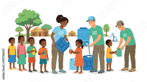 Volunteers distribute clean water to children in a developing community, promoting health and well-being