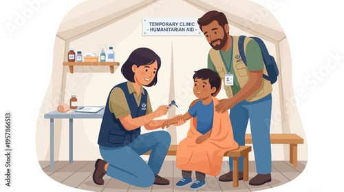 Medical professionals provide humanitarian aid and healthcare at a temporary clinic