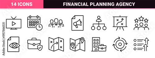 Corporate Strategy and Business Management Minimalist Monoline Icons for Commercial Analytics, Financial Planning, and Team Leadership