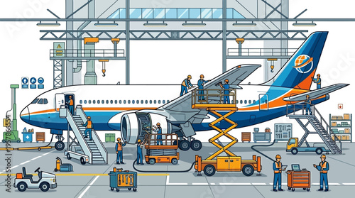 Detailed illustration of an aircraft maintenance hangar with mechanics working on a large passenger jet airplane