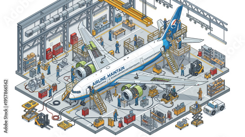 Detailed isometric illustration of an airplane undergoing comprehensive maintenance and repair in a bustling hangar, showcasing intricate engineering and skilled technicians at work